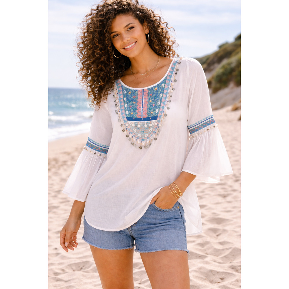 Boho Embroidered Tunic Blue Pink Beaded Silver Coin Detail V-Back Bell Sleeve L